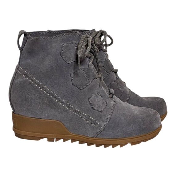 NWOT Sorel Evie US Sz 10 Gray Suede Ankle Booties Lace Up Wedge Weatherproof - Picture 3 of 16